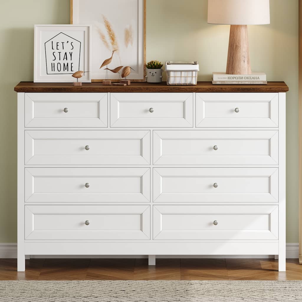 Wood Rustic Storage Dresser With 9 Drawers And Silver Handle