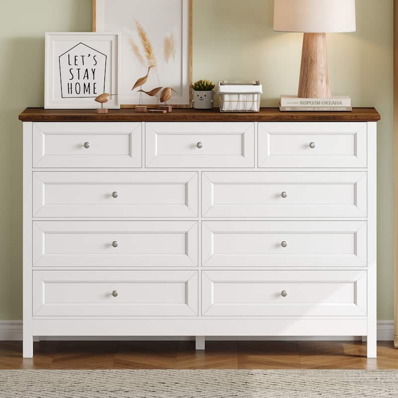 Wood Rustic Storage Dresser with 9 Drawers and Silver Handle, Brown - White