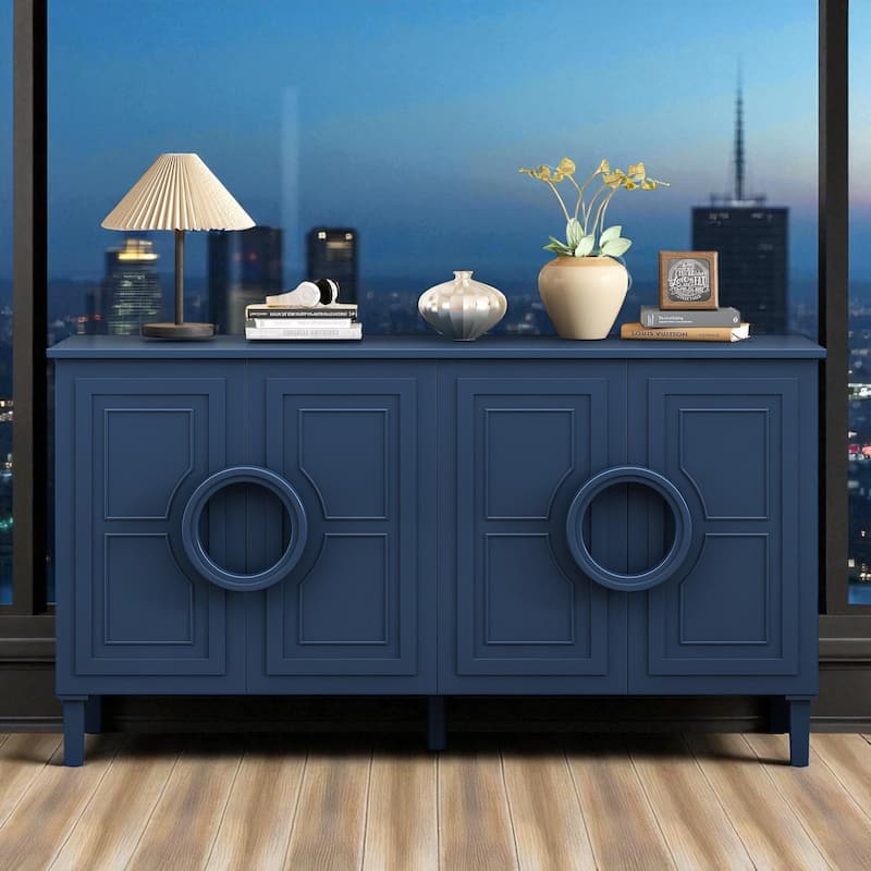 French-Inspired Four-Door Sideboard with Round Ring Handles, Sturdy MDF Cabinet for Dining or Entryway