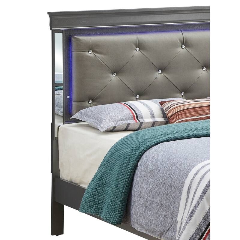 Jewel Tufted Upholstered Mirrored Panel Full Bed with LED Light - 80" - Black