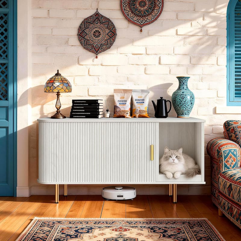 38.5" Cat Litter Box Enclosure with Scratch Pad and Sliding Door,Cat Hidden Litter Box Cabinet,Modern Indoor Cat House,TV Stand