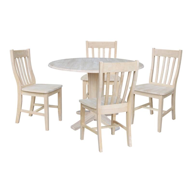 42 in Solid Wood Round Drop Leaf Pedestal Table with Dining Chairs in Unfinished - 5-Piece
