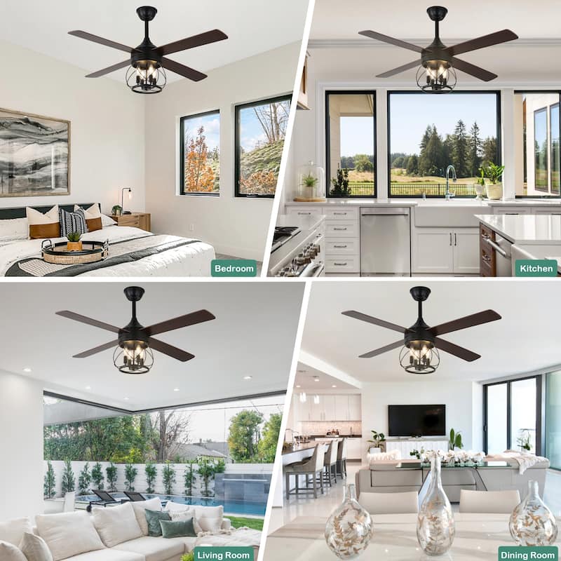 Cusp Barn 52" Modern Ceiling Fan with Light and Remote,Black 4-Light 6 Speeds Quiet Operation Reversible Caged Ceiling Fan