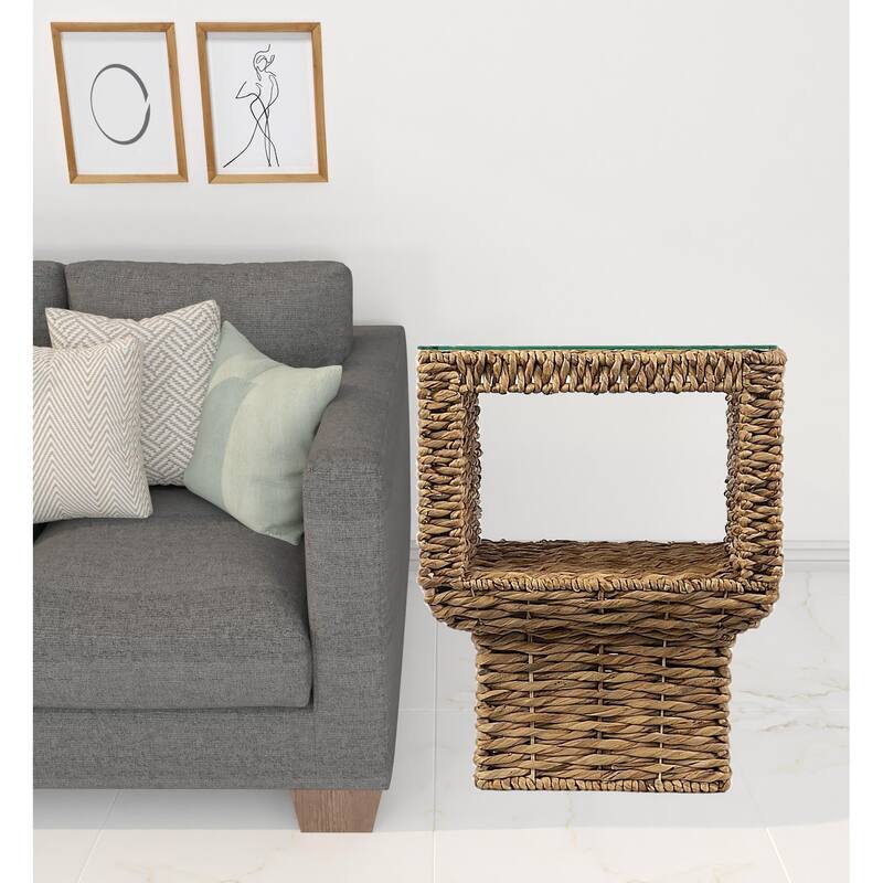 HomeRoots 23" Brown And Clear Glass And Rattan Wicker Square End Table - 18