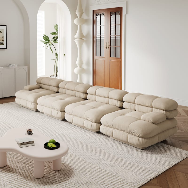 Large Teddy Velvet Fabric 4-pieces Modular Sectional sofa - Light Brown