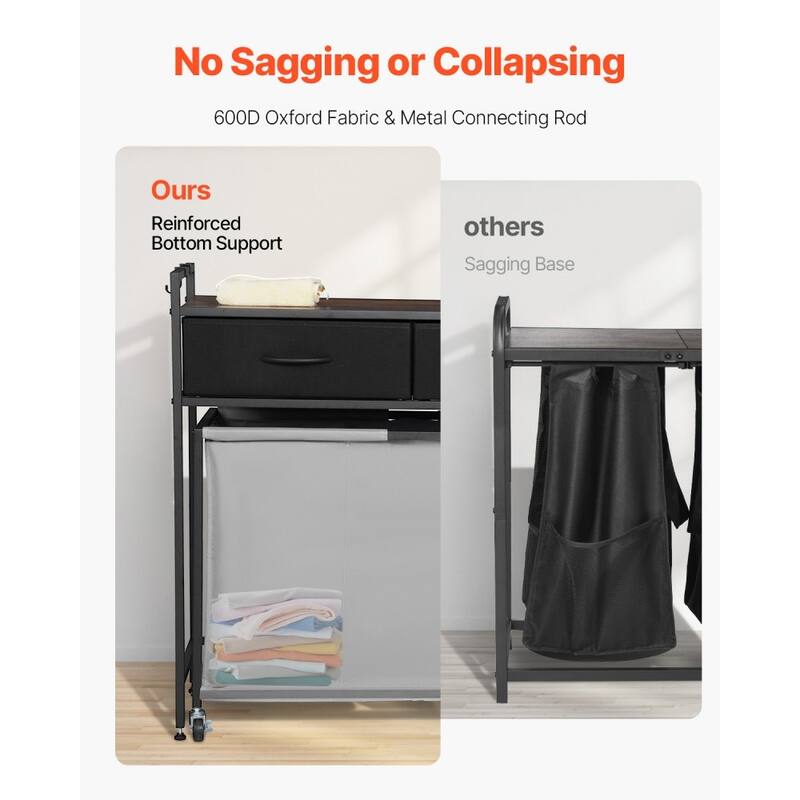 Black Laundry Hamper with 3 Removable Bags, 2 Drawers and Top Shelf for Bathroom or Bedroom - 32.68 x 12.60 x 31.89 in
