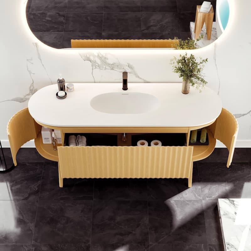 Haven 64"W Oak Freestanding Vanity with Solid Surface Integrated Sink Top