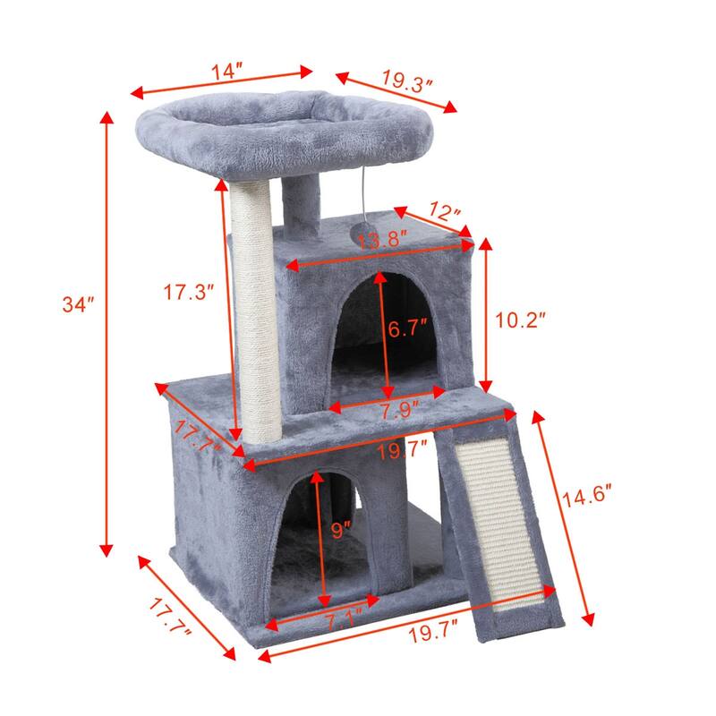 Double-layer Cat Tree with Cat House and Ladder - Gray