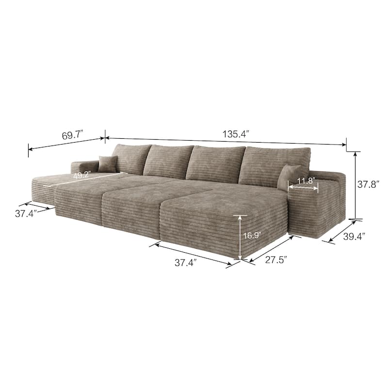 Corduroy Floor Standing Sectional Couch Modular Sleeper Sofa Bed Upholstered Sectional Sofa with Chaise and Ottomans