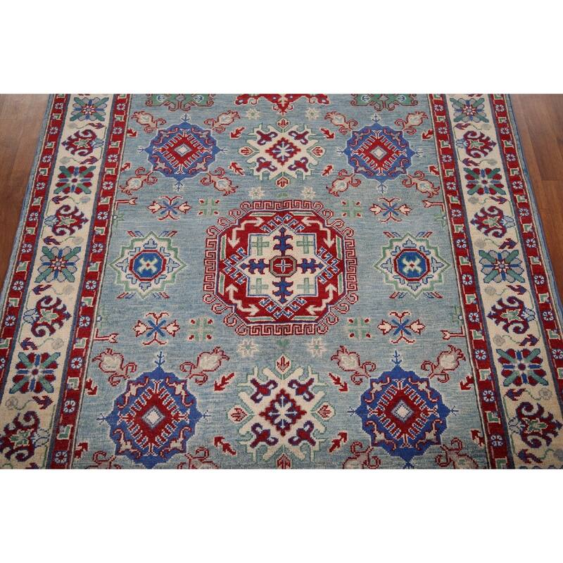 Blue Geometric Kazak Oriental Area Rug Hand-Knotted Wool Carpet - 5'0" x 6'6"
