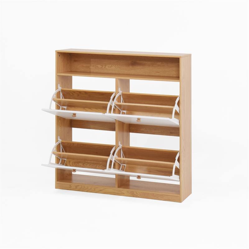 Freestanding Shoe Storage Cabinet with 4 Flip Drawers and Wood Handle