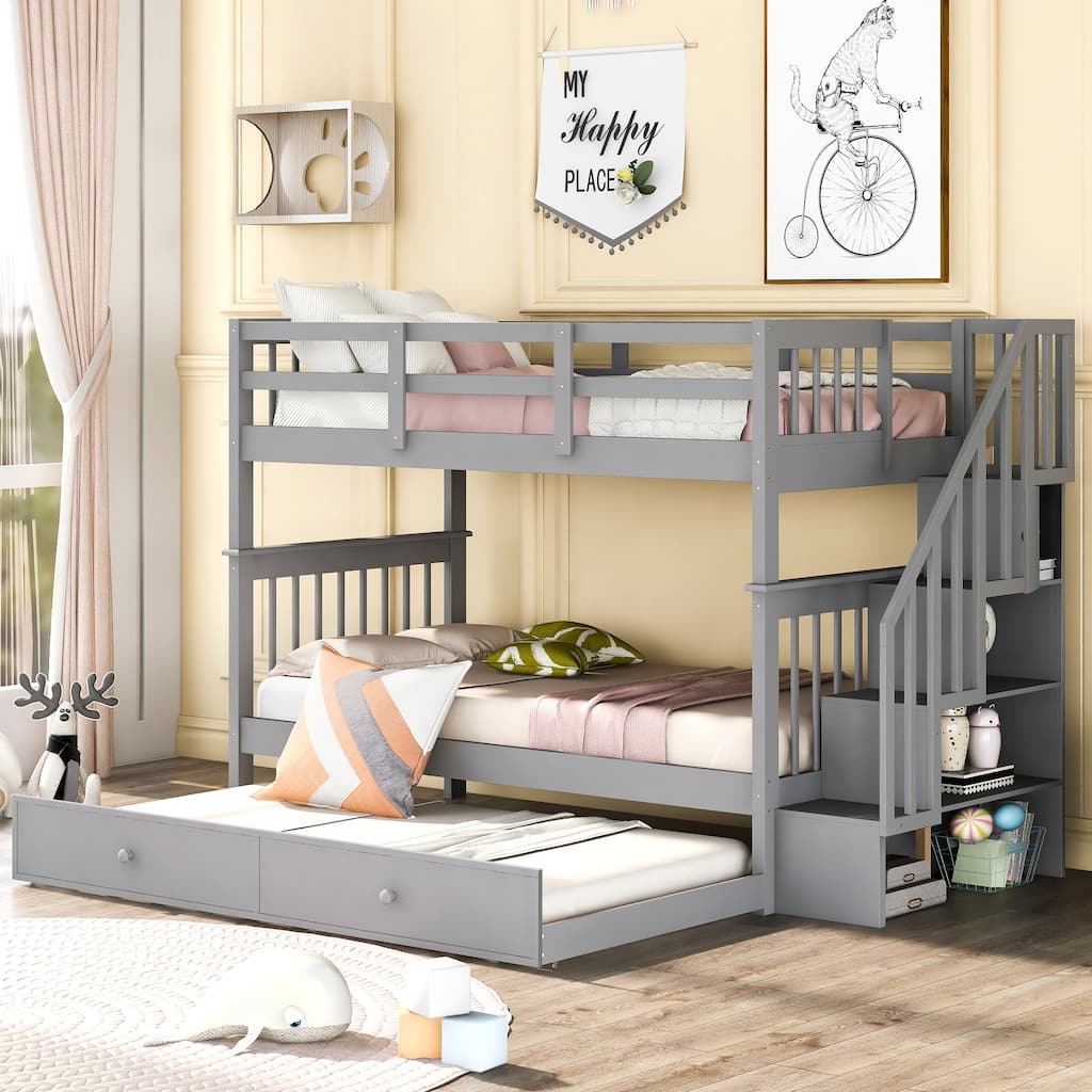 Stairway Twin-Over-Twin Bunk Bed with Twin size Trundle for Bedroom, Dorm, Adults, Gray
