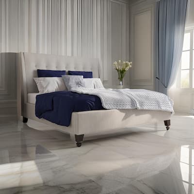 Atina California King Platform Bed, Button Tufted Beige Linen Upholstery