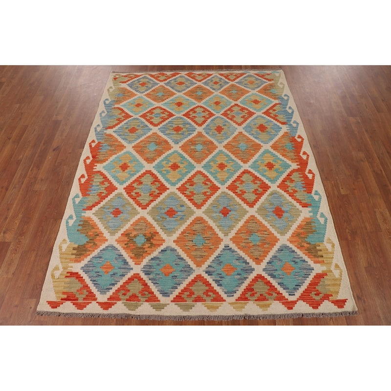 Trellis Geometric Kilim Area Rug Flatweave Wool Carpet - 5'1"x 6'5"