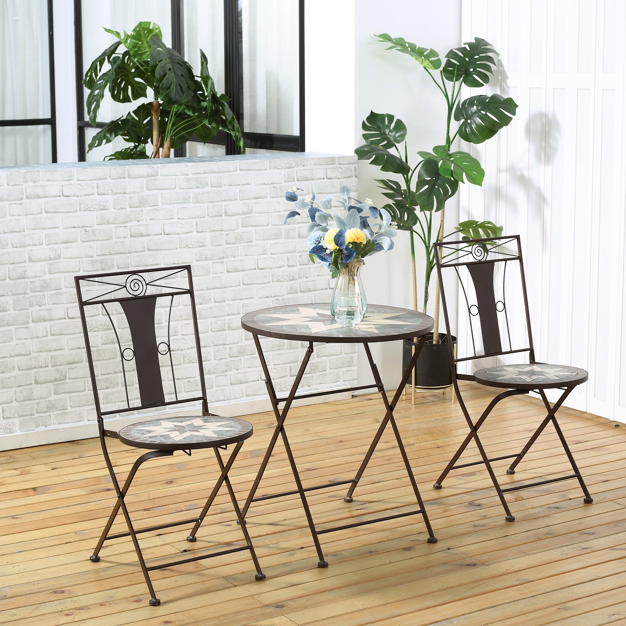 Outsunny 3 Piece Patio Bistro Set Mosaic Table and 2 Armless