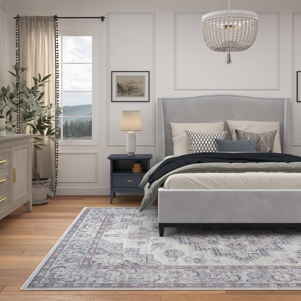 Blue; Ivory Viscose Area Rug 8x10, Woven from Silky Viscose Yarns, Flat Pile Height Perfect for Entryways - 8' x 10'