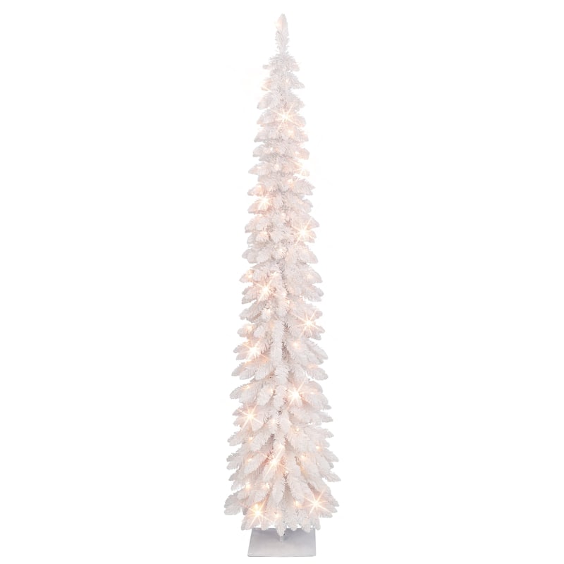 Puleo International 7 ft Pre-Lit Flocked White Artificial Alpine Pencil Tree