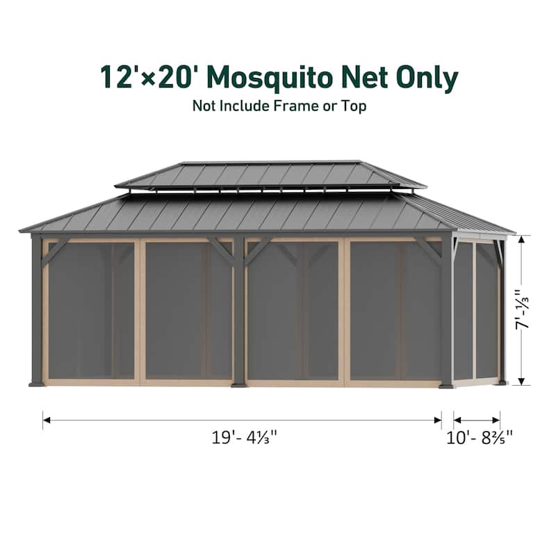 Gazebo Mosquito Netting Replacement Universal 4-Panel Sidewalls 12' x 20',Double Zipper (Mosquito Net Only)