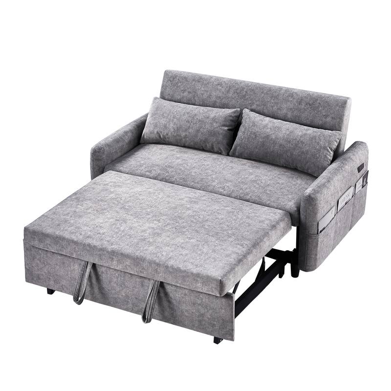 3-in-1 Pull Out Sofa Bed, Couch Bed with Adjsutable Back and Storage Pockets, 2 Seater Sofa with 2 Soft Pillows and USB Ports