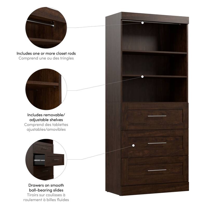 Bestar Pur 36W Closet Organizer with Drawers and Shelving