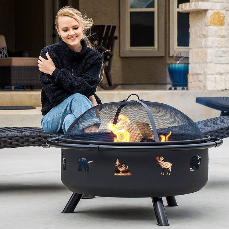 42 inches Outdoor Fire Pit with Spark Screen and Log Poker