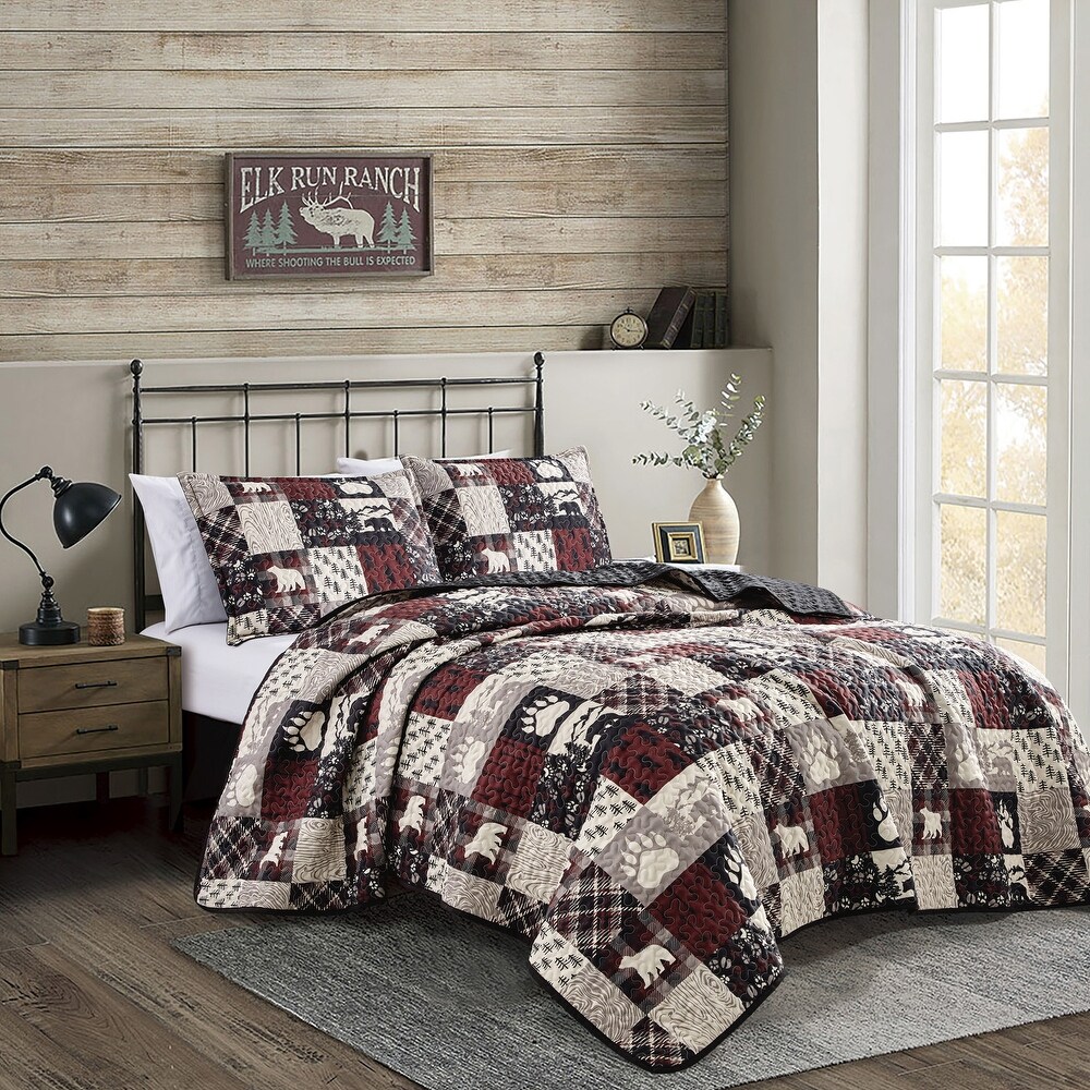 BEAUTIFUL XXL MODERN RED BROWN TAUPE CABIN LODGE COZY QUILT BEDSPREAD SET NEW 