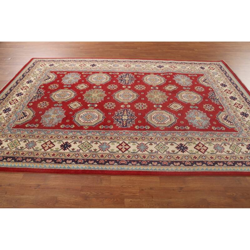 Kazak Oriental Area Rug Hand-Knotted Geometric Red Wool Carpet - 6'6"x 9'10"