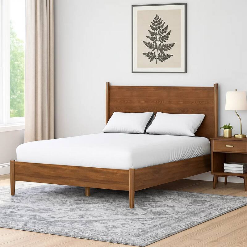Roma Full Size Bed w Panel Headboard, Transitional Walnut Brown Solid Wood