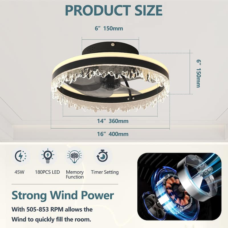 16" Modern LED Ceiling Fan with Light