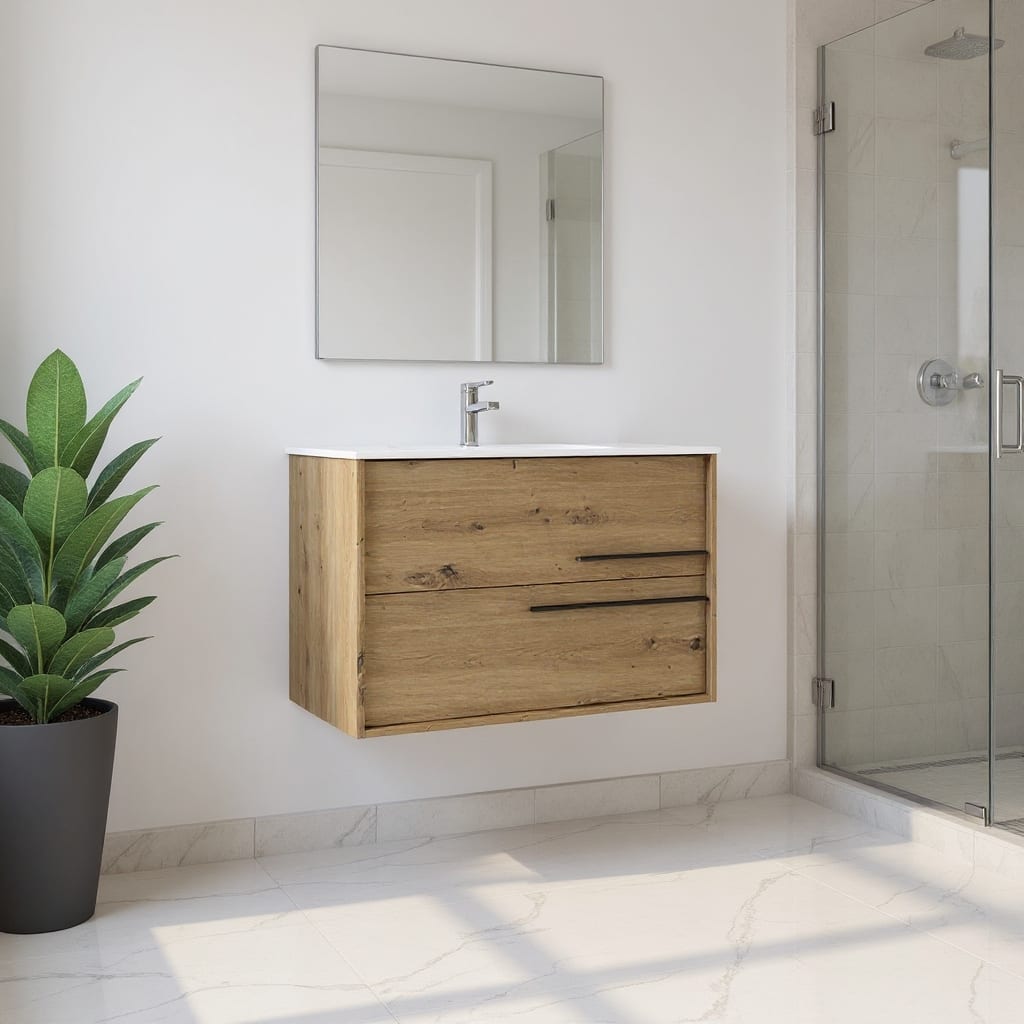 HomeRoots 40" Natural Wood Floating Bathroom Vanity With White Sink And Two Drawers - 40.00 in. x 24.60 in. x 21.60 in.