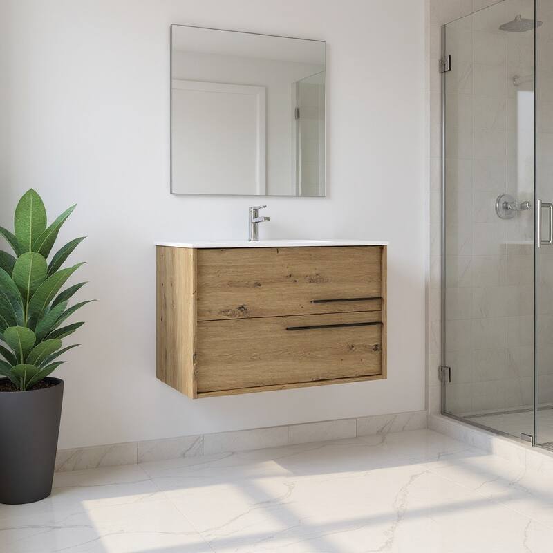 HomeRoots 40" Natural Wood Floating Bathroom Vanity With White Sink And Two Drawers - 40.00 in. x 24.60 in. x 21.60 in. - 40.00 in. x 24.60 in. x 21.60 in. - Polished - Natural