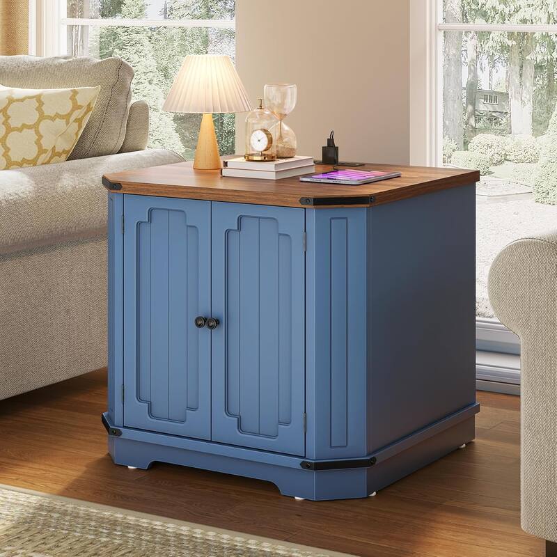 Moasis End Table with Charging Station, Farmhouse Side Table with Storage and Shelves