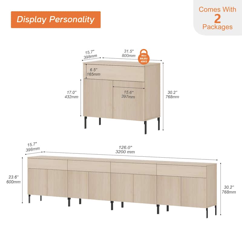 31.5" Wooden Reeded Sideboard With Doors And Drawer, Modern Credenza Storage Cabinet