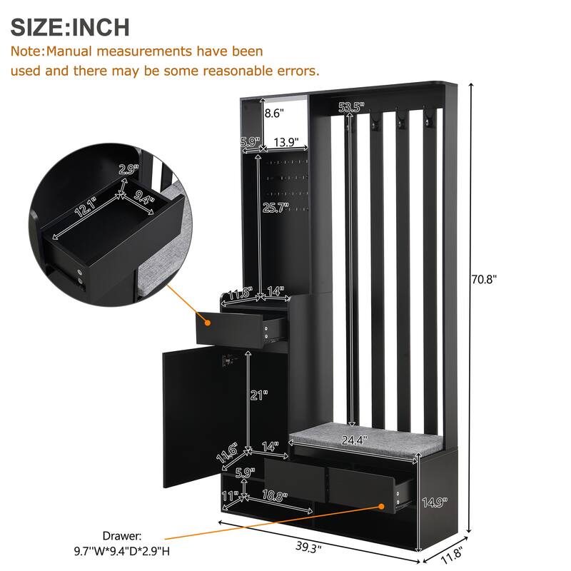 All-in-One Entryway Hall Tree with Coat Rack, Storage Bench and Shoe Cabinet, 4 Hooks, 2 Drawers for Foyer or Apartment