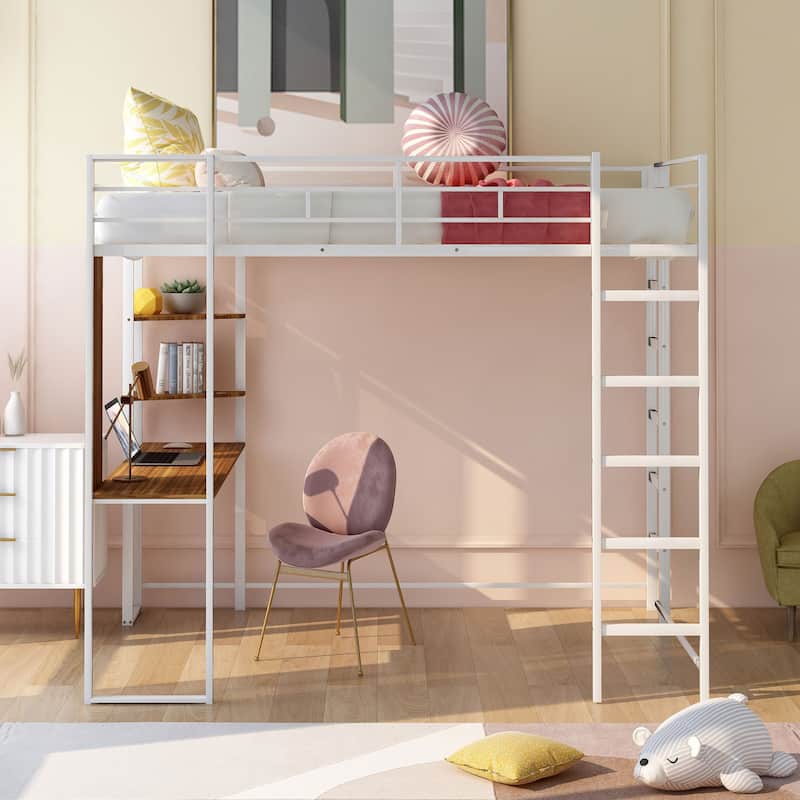 Full Size Metal Loft Bed with Desk and 2 Shelves, White