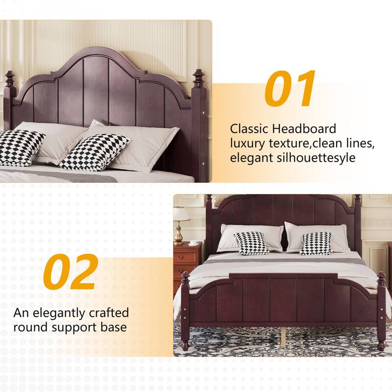 Roomfitters Wood Platform Bed Frame with Curved Headboard, Vintage Style Slat Support, No Box Spring Required