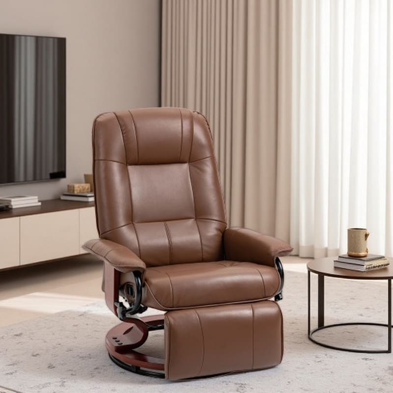 Brown Faux Leather Manual Recliner, Adjustable Swivel Lounge Chair with Footrest, Armrest, and Wood Base for Living Room