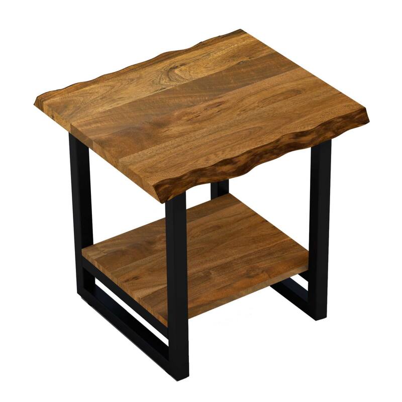 Brown Solid Wood Square End Table with Black Iron Frame and Storage Shelf - 20” x 20” x 24” (D x W x H)