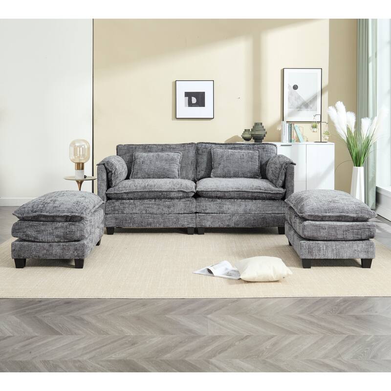 Chenille Fabric Loveseat Sofa Couch with 2 Ottomans and Side Pockets