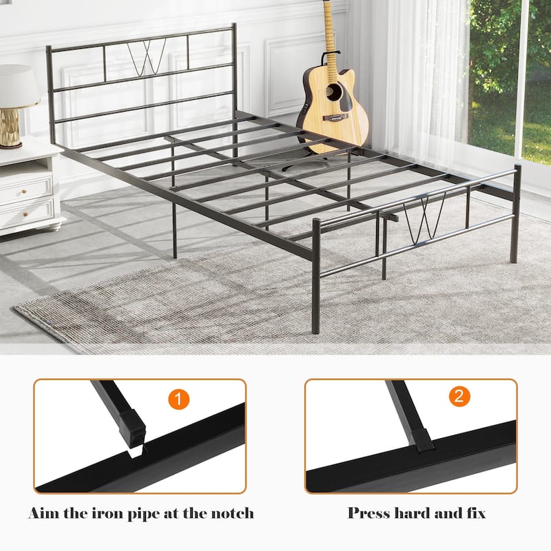 Full Size Metal Bed Frame with Headboard Platform Bed / Heavy Duty/ Solid Metal Slat / No Box Spring Needed, Twin Bed Frame