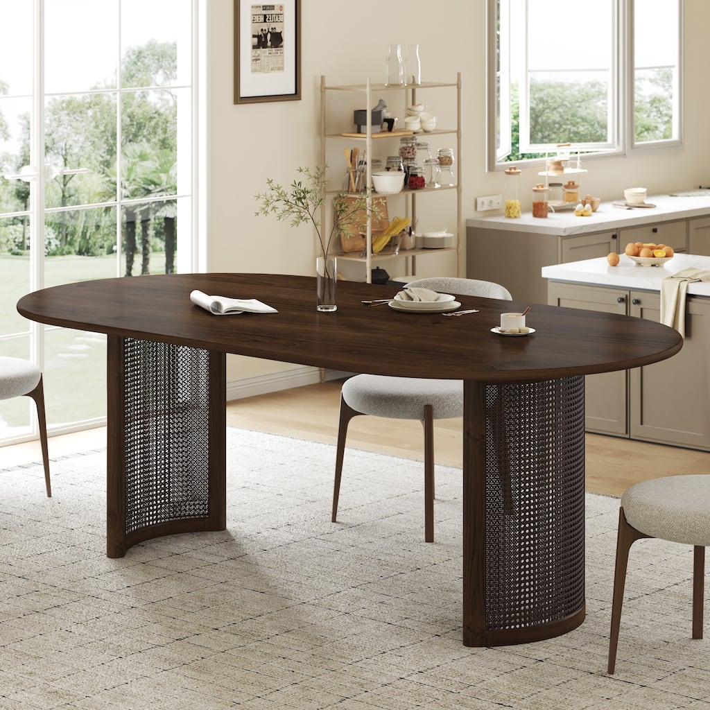 Oval Dining Table with Arc-Shaped Edge Top and Rattan Woven Base Modern Farmhouse Kitchen Table for Living Room Dining Room
