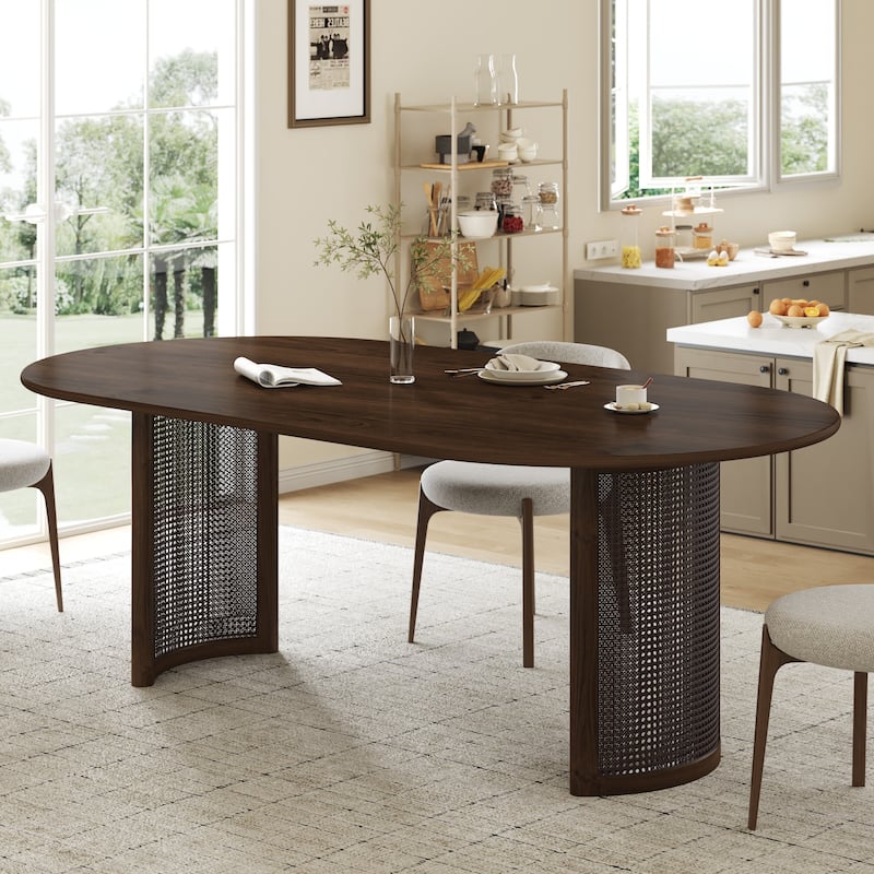 Oval Dining Table with Arc-Shaped Edge Top and Rattan Woven Base Modern Farmhouse Kitchen Table for Living Room Dining Room - Black - 79 in.L x 33.5 in.W