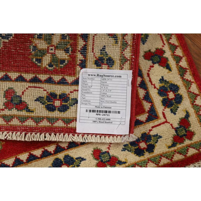 Traditional Red Kazak Oriental Rug Hand-Knotted Wool Carpet - 2'0"x 3'0"