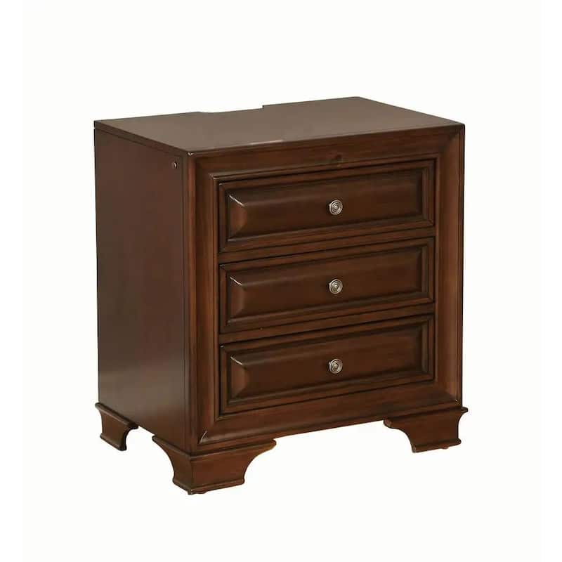 Brown Cherry Solid Wood Nightstand, 3 Drawers, Nickel Knob, Transitional Style w/ Nightlight - Brown