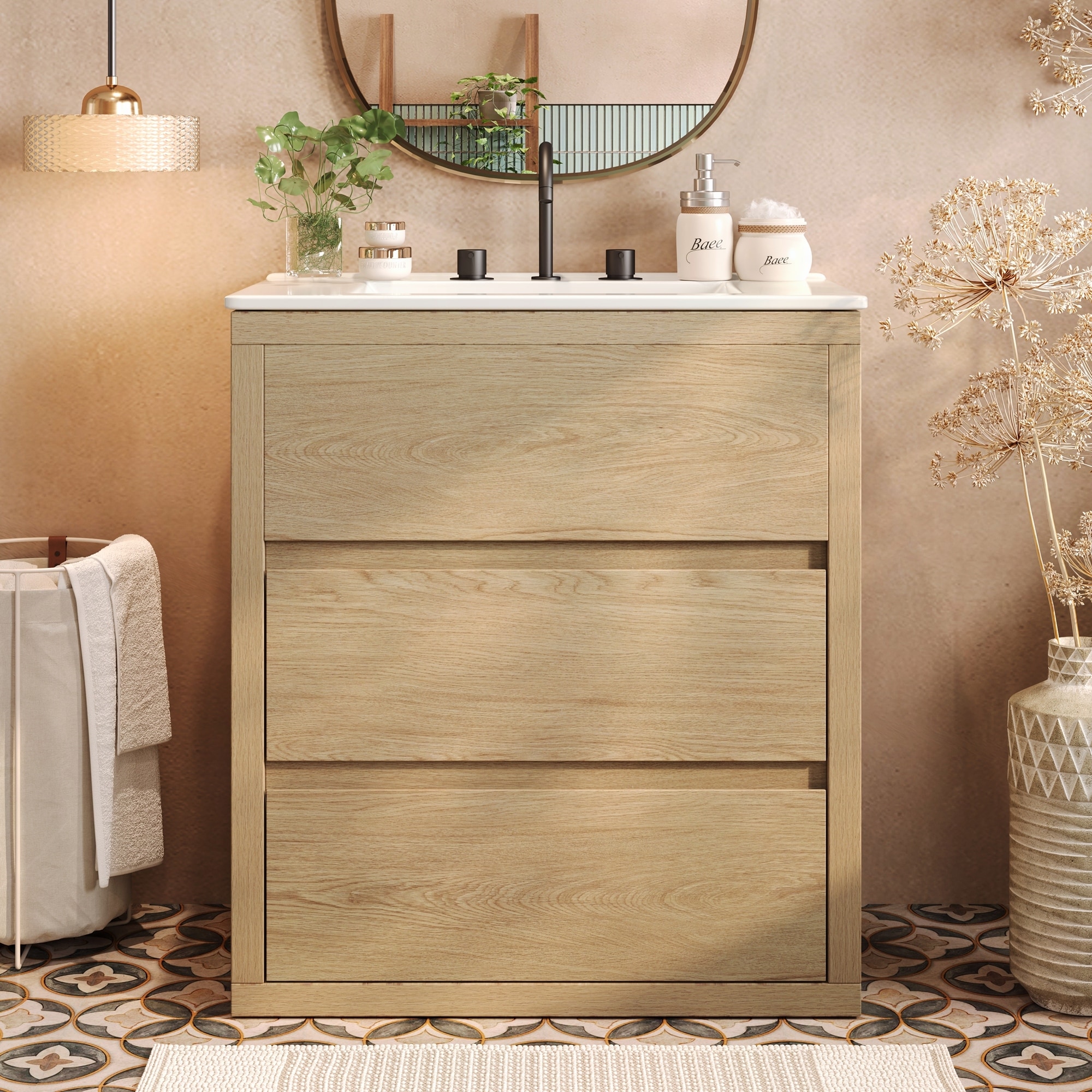 30" Vanity, Ceramic Sink, Free-Handle Design, Natural