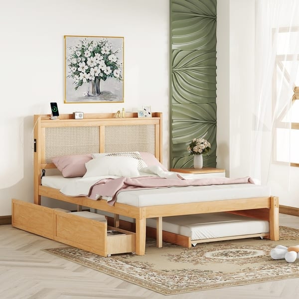 slide 2 of 18, Wood Queen Size Rattan Platform Bed Frame with Sockets, Drawers and Trundle Walnut