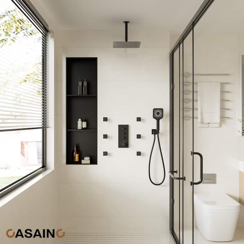 Luxury Thermostatic Shower System 3-Spray Patterns Ceiling Mount Fixed Shower Head and Handheld Spray with 6 Body Jets