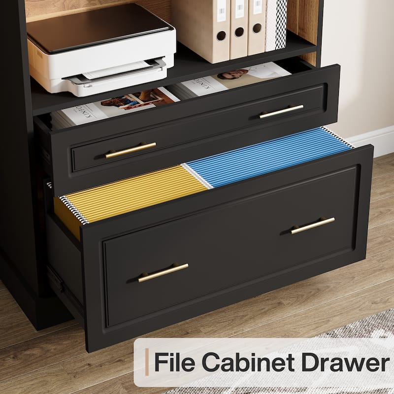 Tall 5-shelf Bookcase Bookshelf with Drawers (Set of 2)