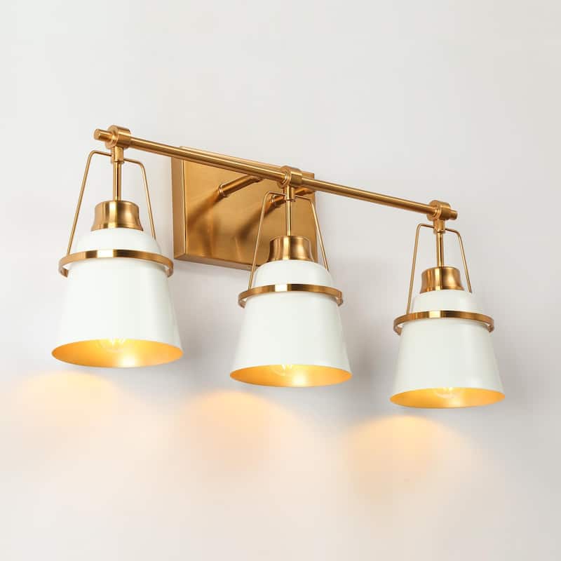 Modern Contemporary White 3-Light Bathroom Vanity Lights with Cone Metal Shade - L 22'' - L 22'' - White & Gold