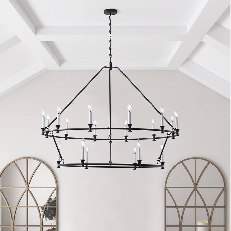 Farmhouse Black 18-Light Wagon Wheel 2-Tier Candle Chandelier